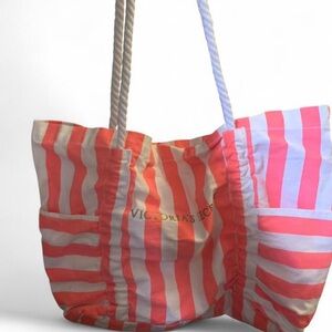 V.S. Neon Coral & White Striped Beach Tote Bag